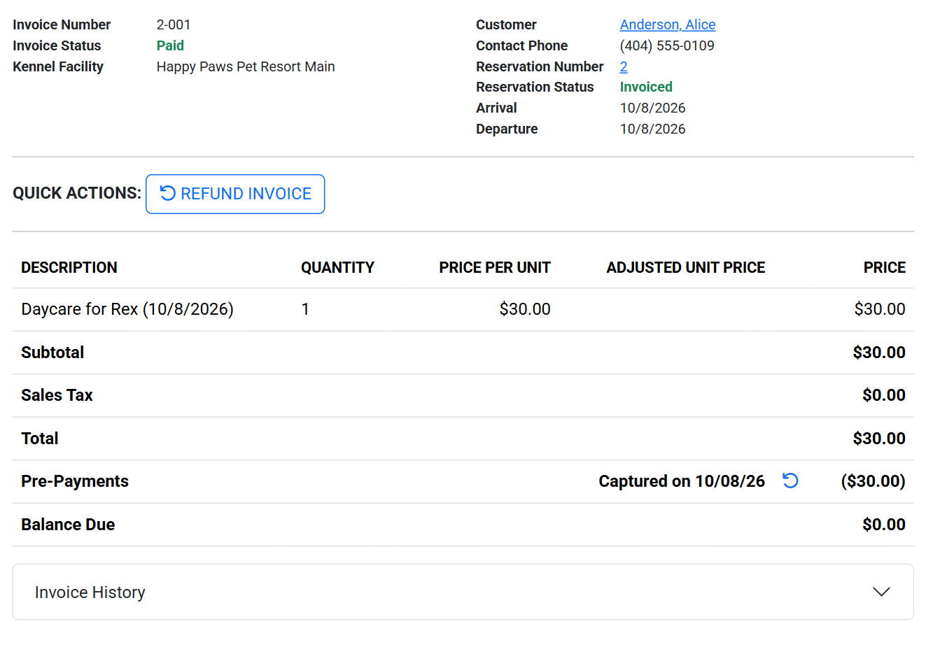 Paid reservation invoice in Petsoft with its line items, captured deposit and zero balance