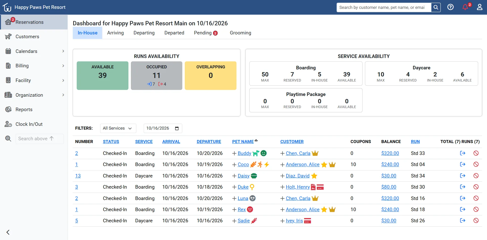 Reservation dashboard In-House tab with automatic tags such as Agreement Not Signed, No Card on File, Unaltered and Vaccine Warning beside custom tags