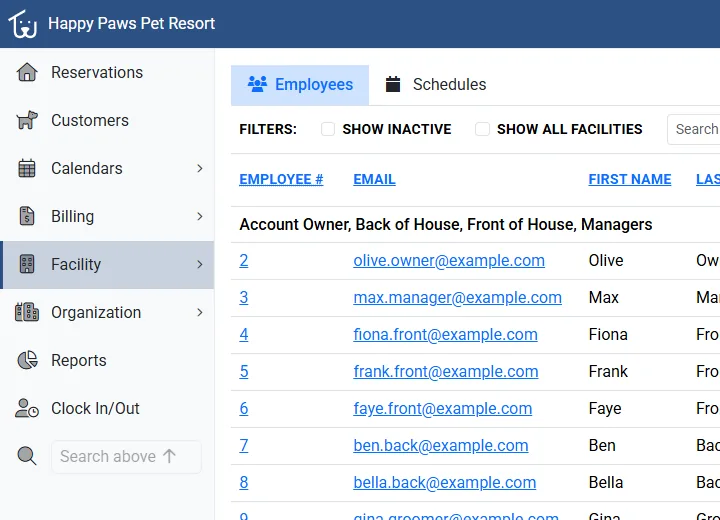 Employee management screen