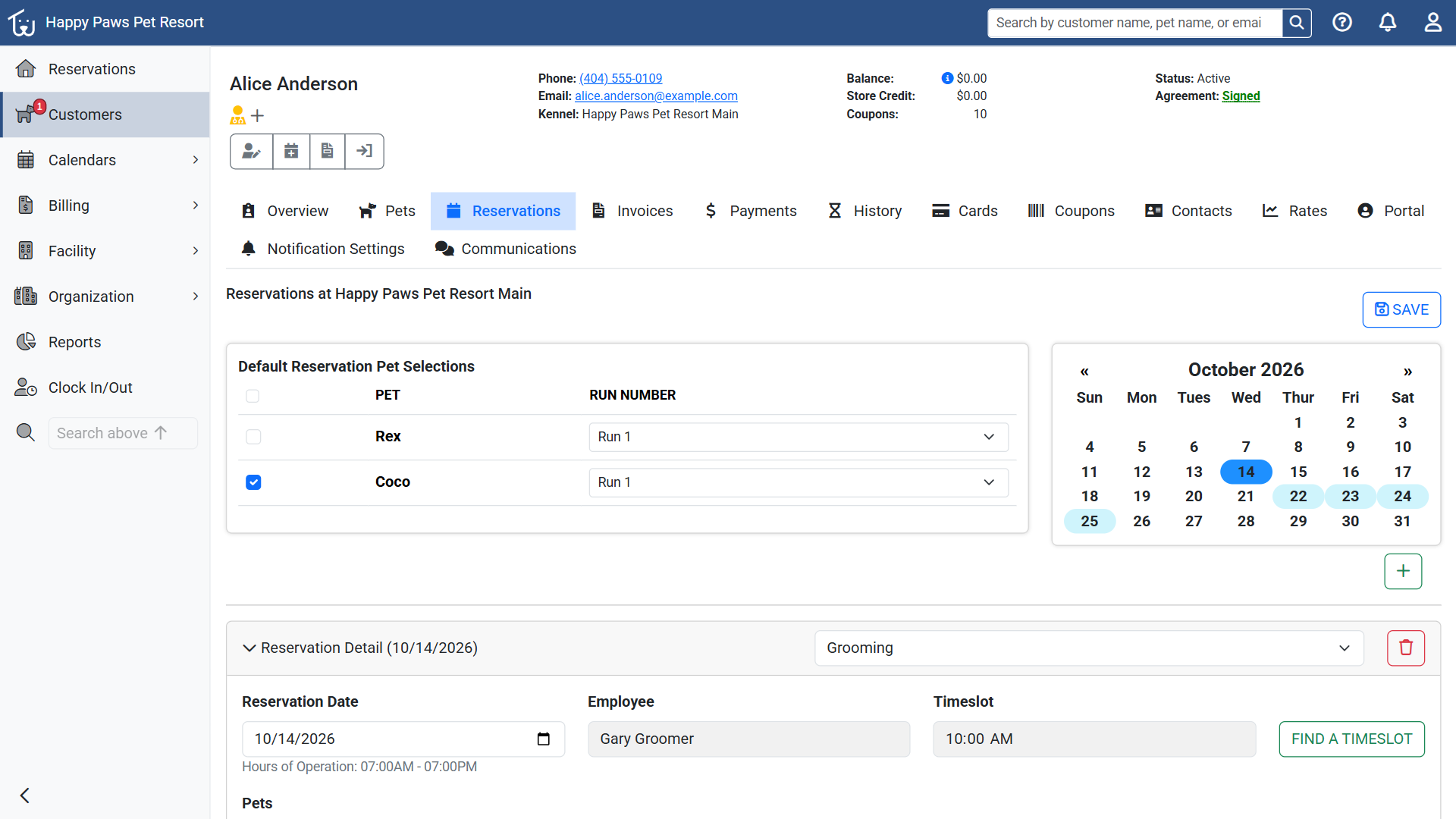 Preview of the Petsoft Employee Reservation Management Page