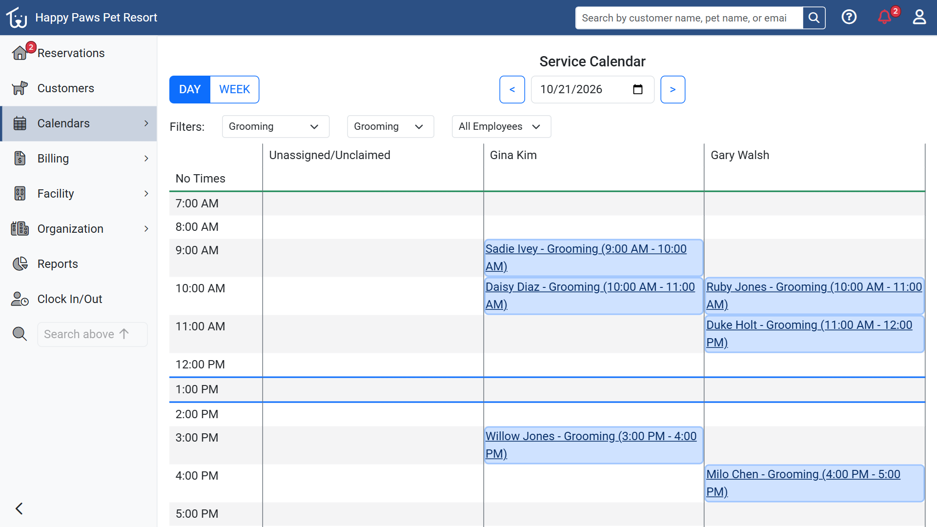 Grooming schedule calendar
