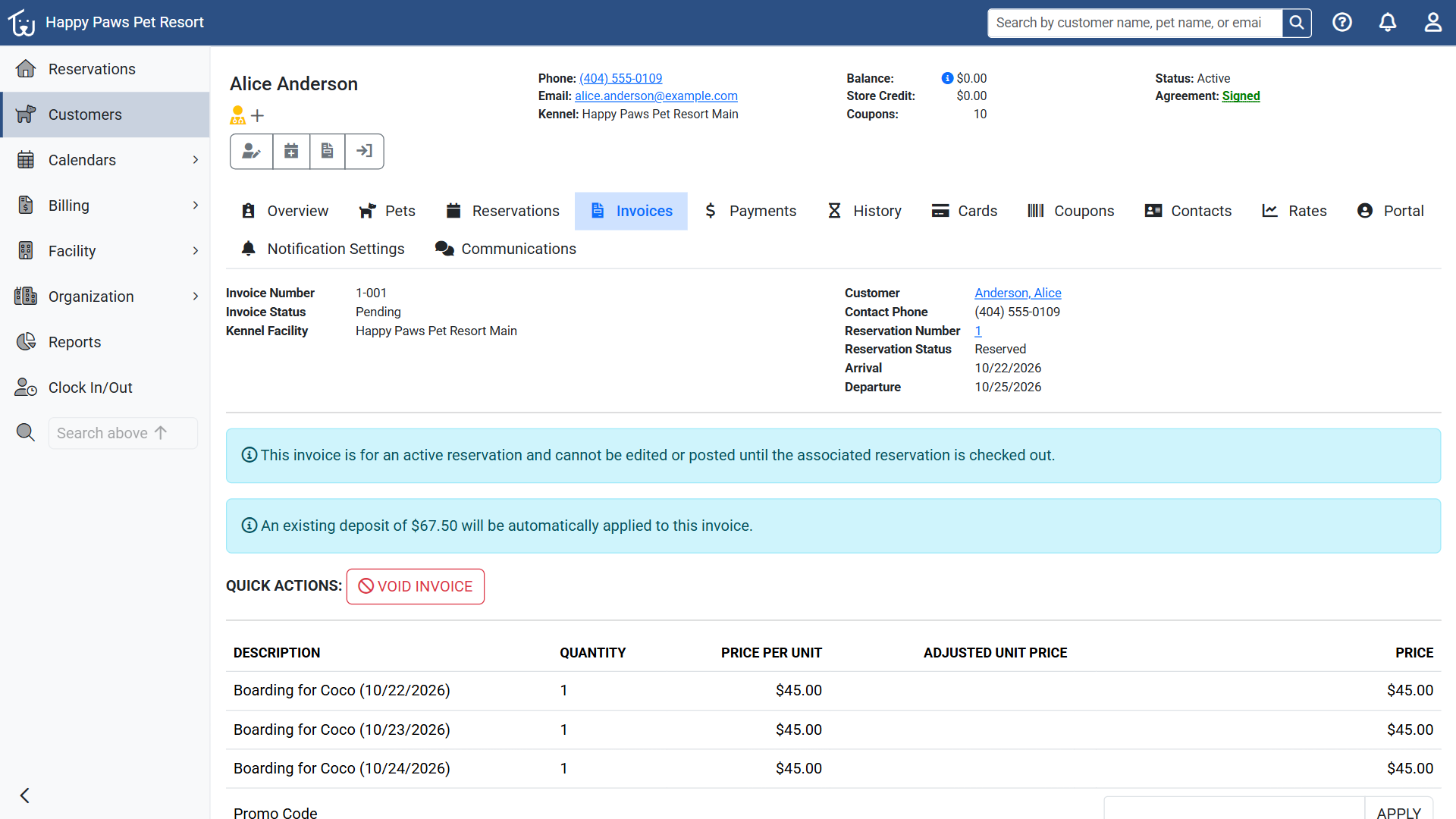 Invoice management screen