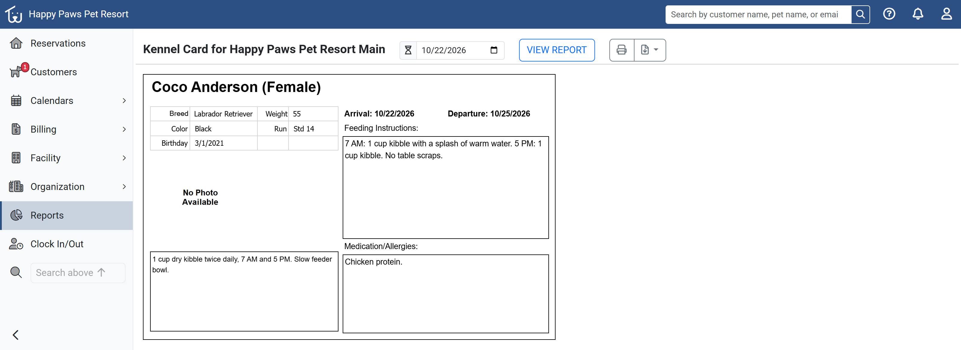 Kennel card and reporting