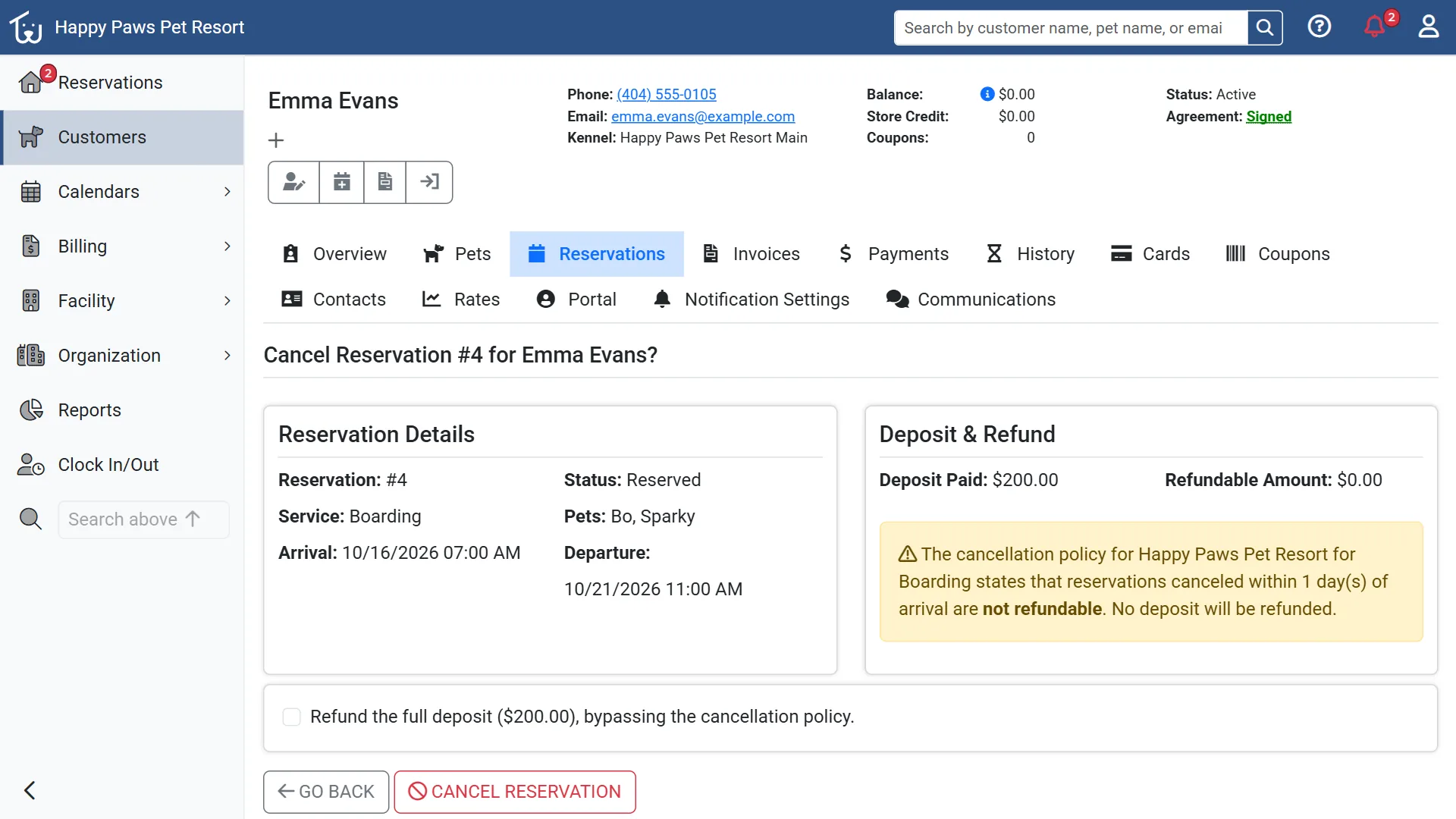 Cancel reservation page showing the deposit paid, a $0.00 refundable amount and the deposit policy's non-refundable notice