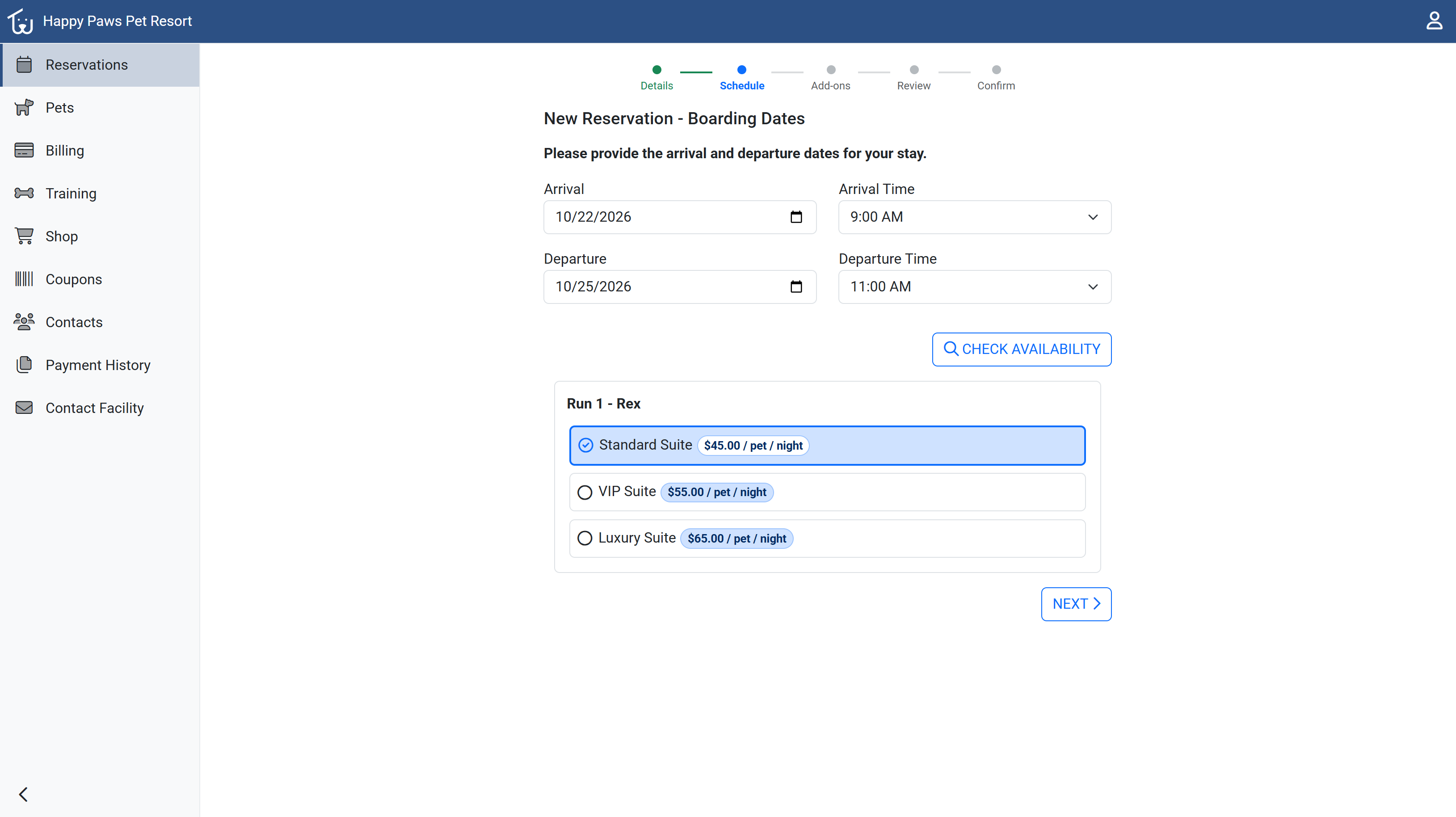 Pet parent reservation screen