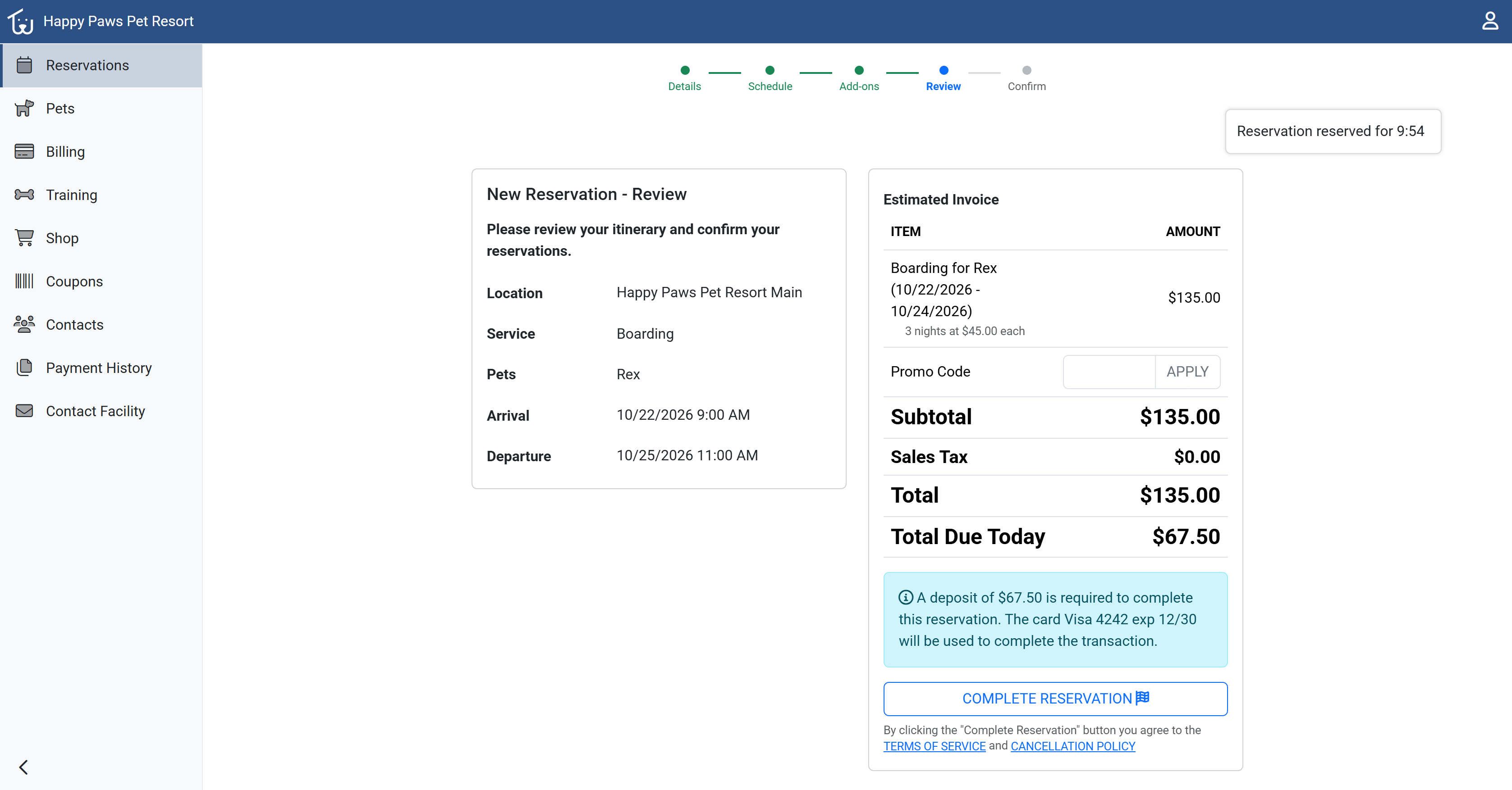 Reservation review and payment