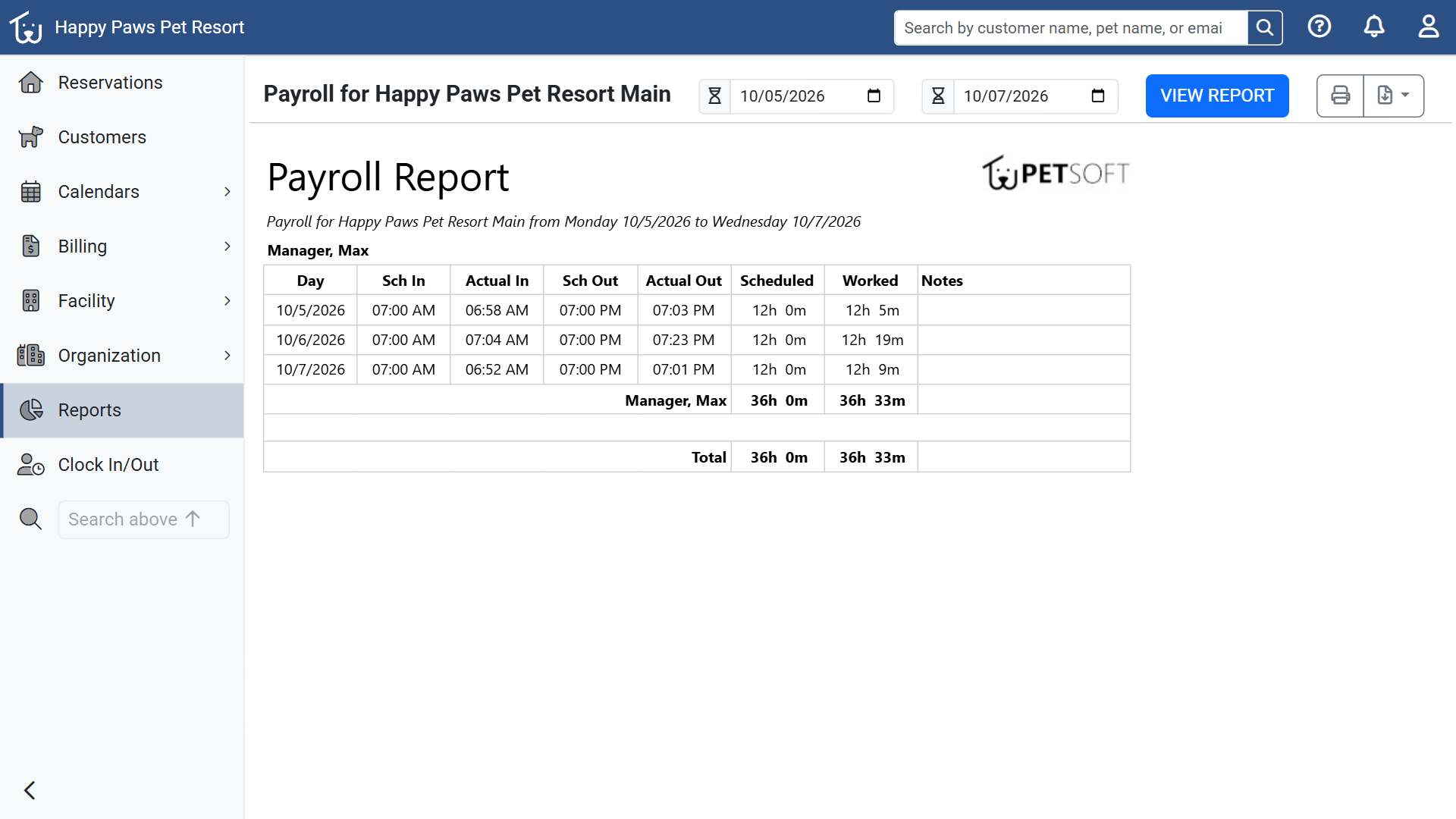 Time and attendance reporting screen