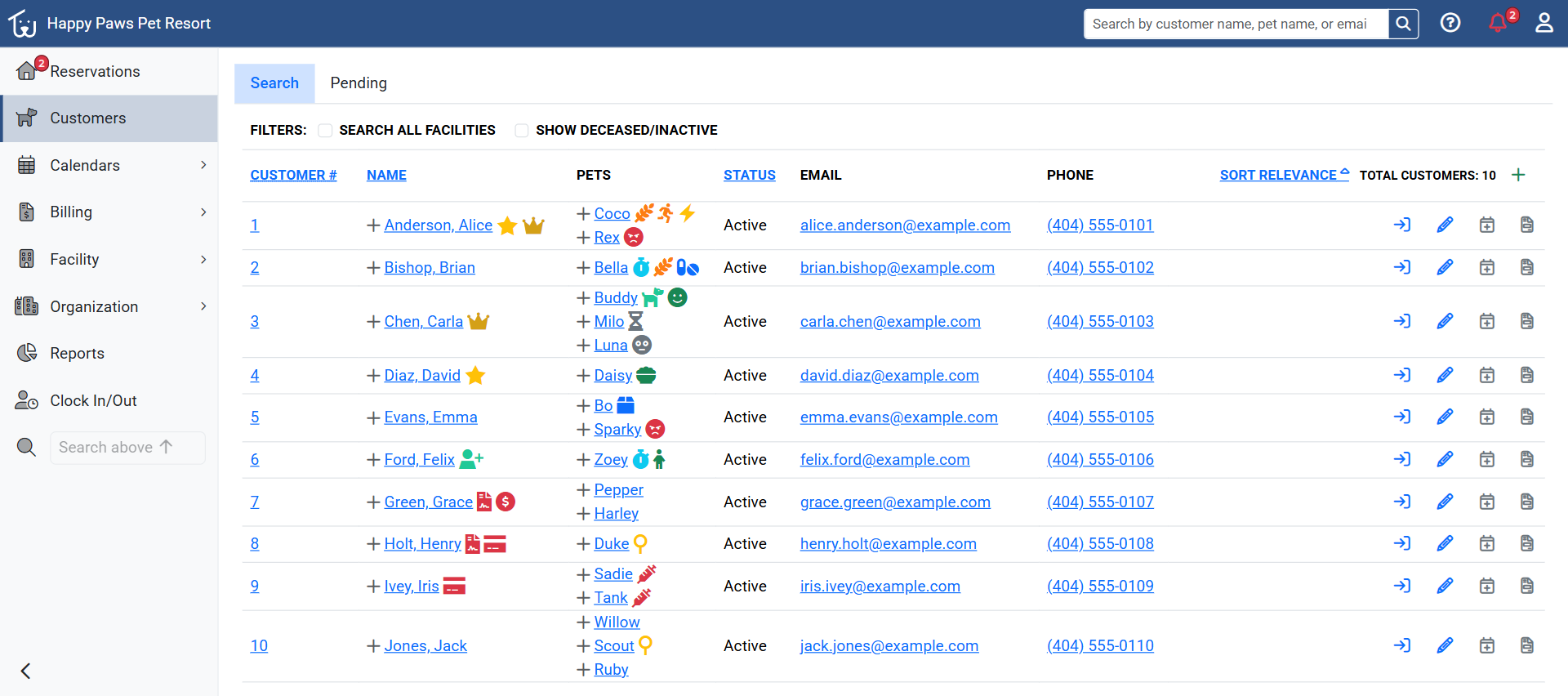 Customer search results with tag chips beside each customer and pet name