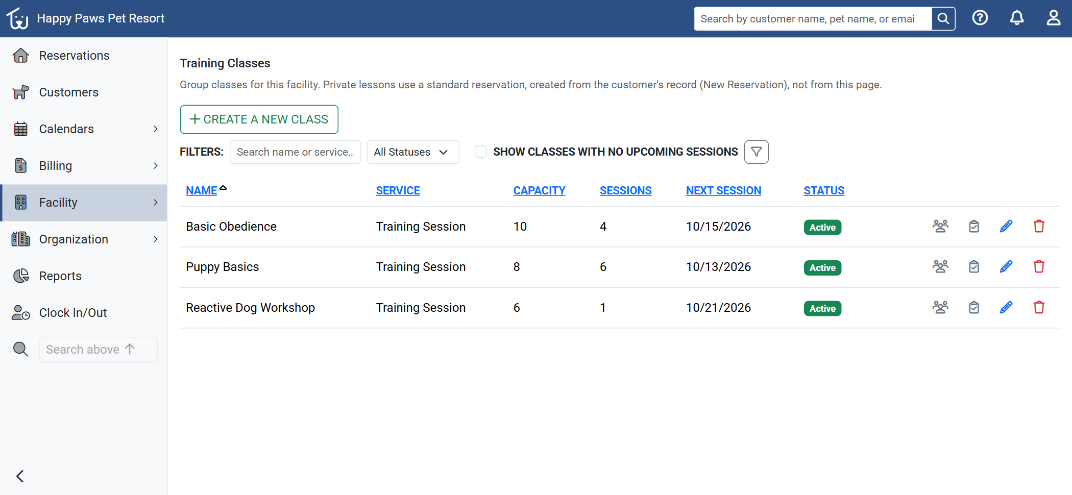 Petsoft training class list with capacity, sessions, and roster